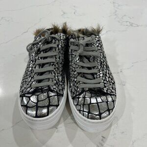 P448 Women's Clara Crackled Leather Open Back Platform Sneakers in Size 37 EU